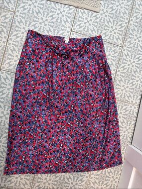 J. Crew Red and Blue Satin Floral Print Midi Skirt